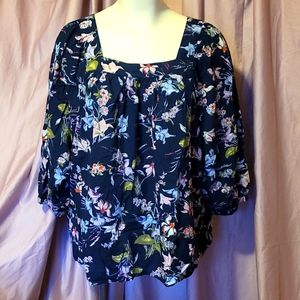 Terra & sky 4x navy blue floral peasant shirt with square neckline Terra and sky